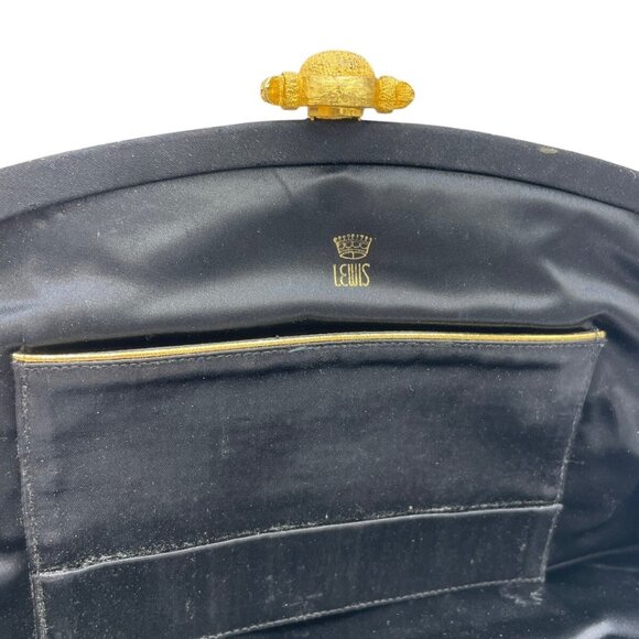 Vintage CROWN LEWIS Black Purse Clutch Evening Handbag 12” X 6” Gold Latch - Picture 7 of 12